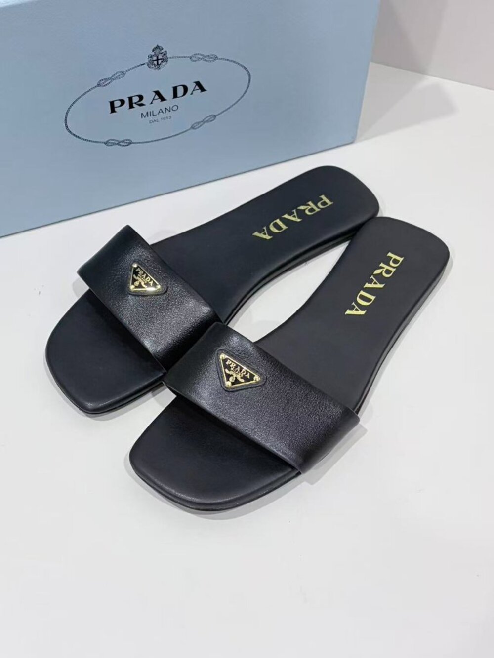 Prada Black Leather Slide Sandals Gold Triangle Logo Flat Slides